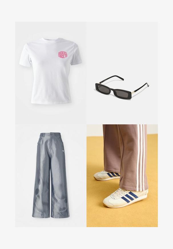 Hvit bomulls t-skjorte med korte ermer, med et rosa trykk på venstre bryst som sier "DICKIES SINCE '22." Klassisk rund hals-design.; Vide benbukser i skinnende grå materiale, med hvide sidestriber og et flammemønster på de nederste ben. Knap- og lynlåslukning i taljen.; Kremfargede sneakers med blå semsket skinnstriper, hvite snørebånd og gummisåle. Kombinert med grå joggebukser med hvite sidestriper.; Svart rektangulære solbriller med mørke linser, blanke plastrammer og gullaksenter på sidene. Minimalistisk design og strømlinjeformet form.