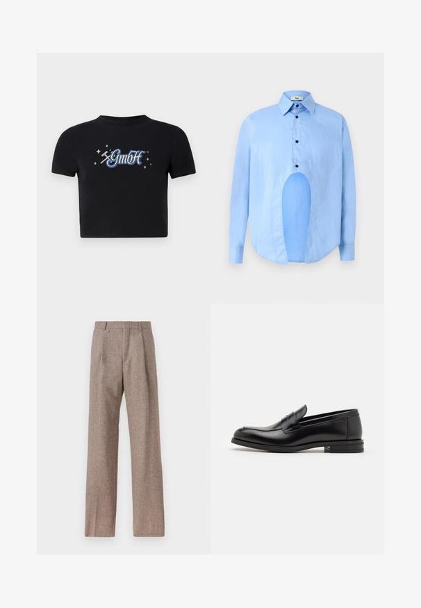 Čierny skrátený tričko z bavlny s okrúhlym výstrihom, na prednej strane s modro-bielym logom "GmbH" obklopeným malými hviezdami.; Svetlo modrá košeľa s dlhým rukávom a špicatým golierom, čiernymi gombíkmi a jedinečným výrezom vpredu pre osobitý dizajn.; Hnedé, vysoké nohavice vyrobené z texturovanej látky. Majú široké nohavice a dva predné záhyby pre štruktúru. Úhľadné spracovanie bez viditeľného kovania.; Čierne kožené mokasíny s hladkou textúrou, zaoblenou špičkou a dekoračným pásikom cez priehlavok. Nízky vrstvený opätok, minimalistický dizajn.