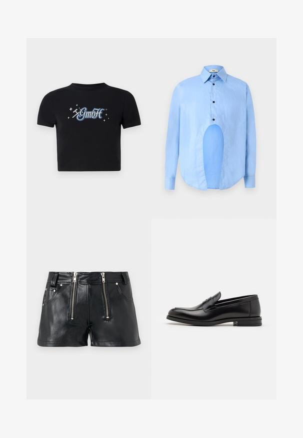 Must musta lühike T-särk, mis on valmistatud puuvillast, ümmarguse krae ja ees sinise ja valge "GmbH" logo, mille ümber on trükitud väikesed tähed.; Heledsinine pikkade varrukatega särk, millel on terav krae, mustad nupud ja ainulaadne lõige ees eristuva disaini jaoks.; Mustast kunstnahast lühikesed püksid, millel on kaks ees olevat tõmblukku, kaks küljetaskut ja sile, läikiv tekstuur. Lühike pikkus ja kohandatud lõige.; Mustad mustad nahast loafers sileda tekstuuriga, ümarat ninaosa ja dekoratiivne riba vampi üle. Madal kihiline konts, minimalistlik disain.