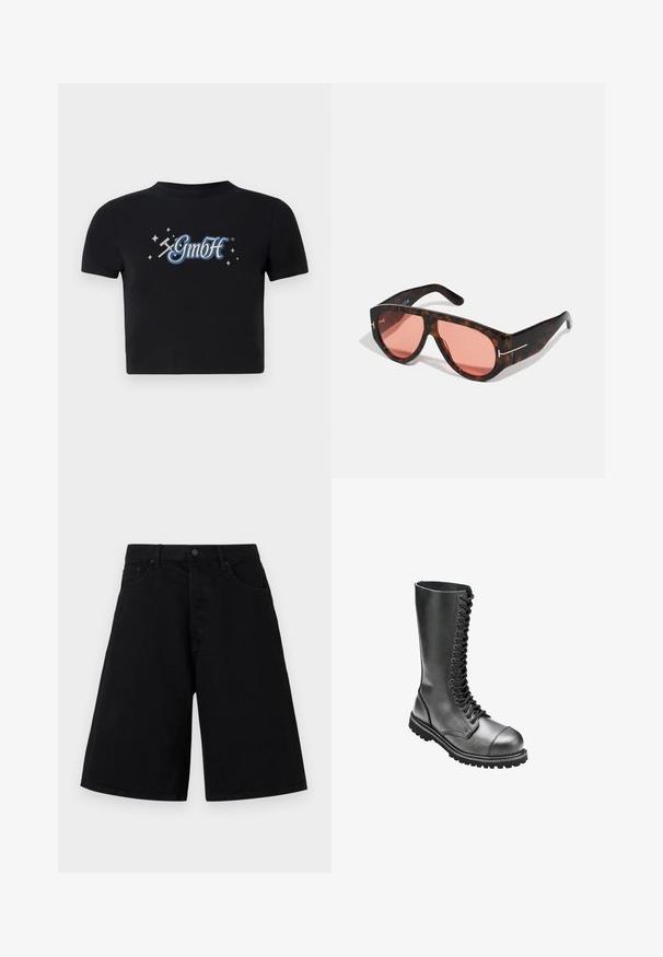 Tricou scurt negru din bumbac, cu decolteu rotund, având un logo "GmbH" albastru și alb înconjurat de mici stele imprimate pe față.; Pantaloni scurți din denim negru, cu o croială lejeră, având un design clasic cu cinci buzunare și închidere cu nasture, textură netedă și croială dreaptă.; Bocanci de luptă din piele neagră, cu șireturi, cu un șanț înalt, vârf rotund, guler căptușit și talpă din cauciuc texturat pentru o aderență sporită.; Ochelari de soare din țestoasă cu lentile roz, având un design unghiular îndrăzneț și accente subțiri din metal argintiu pe rame.