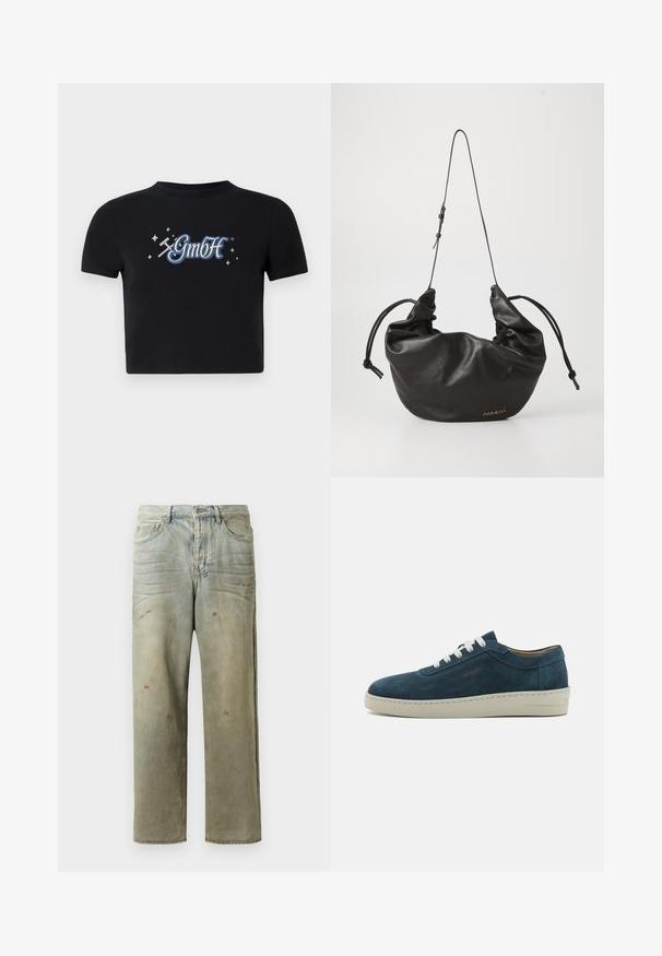 Fekete, pamutból készült, cropped póló, kerek nyakkivágással. Az elején kék és fehér "GmbH" logó található, amelyet apró csillagok vesznek körül.; Fakó zöld, kopott farmerszadrág, egyenes lábbal, ötk zsebes kialakítással, egyenetlen kopással és festékcseppekkel.; Kék velúr sneaker lekerekített orral, fehér fűzővel és gumitalppal. Diszkrét varrásokkal és oldalsó márkázott akcentussal rendelkezik.; Fekete, puha bőr válltáska állítható vékony pánttal, összegyűrt oldalakkal, amelyeket csomók kötnek össze, és kis arany logóval az elülső alsó jobb sarokban.