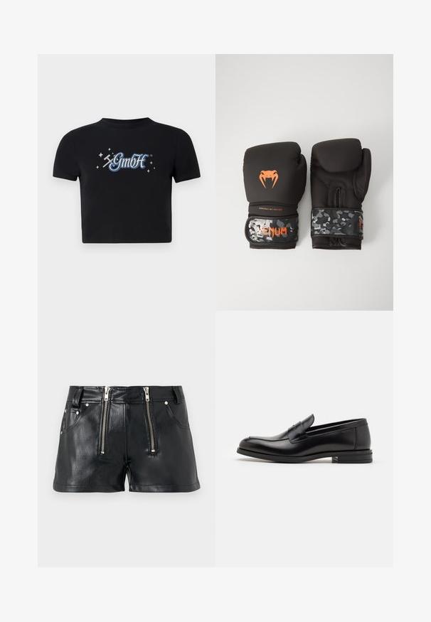 Černé krátké tričko z bavlny s kulatým výstřihem, na přední straně s potiskem modro-bílého loga "GmbH" obklopeného malými hvězdami.; Černé šortky z umělé kůže s dvojnými předními zipy, dvěma bočními kapsami a hladkým, lesklým povrchem. Krátká délka a přiléhavý střih.; Černé kožené polobotky s hladkou texturou, zaoblenou špičkou a zdobným páskem přes nárt. Nízký stohovaný podpatek, minimalistický design.; Černé boxerské rukavice s matným povrchem a ergonomickým designem. Oranžové logo a zápěstní pásky s maskovacím vzorem.