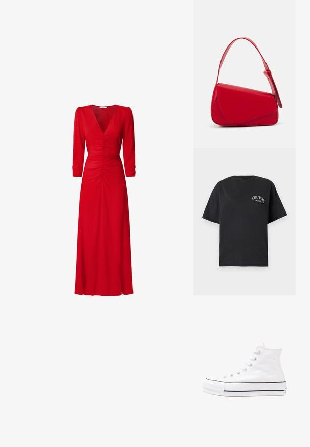 Musta puuvillainen t-paita lyhyillä hihoilla, jossa on valkoinen "COUTURE" logo vasemmalla rintapielessä. Pyöreä kaula-aukko.; Punainen mekko, jossa on V-pääntie, kolmen neljänneksen hihat ja rypytetty yksityiskohta vyötäröllä ja takana. Kangas näyttää sileältä ja kevyeltä.; Valkoiset korkeavartiset kangaskengät mustalla kumipohjalla, edessä kuminen varvasosa ja kuusi nauha-aukkoa, puhtaan minimalistisella muotoilulla.; Punainen nahkalaukku, jossa on kulmikas, geometrinen muotoilu. Varustettu yhdellä säädettävällä hihnalla ja läpällä, jossa on ommeltu yksityiskohtia.