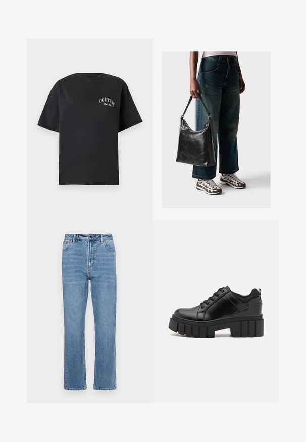 Svart bomullst-skjorte med korte ermer, med en hvit "COUTURE" logo på venstre side av brystet. Rund halsdesign.; Lyseblå denimjeans med rett benkutt, fem lommer, front knappelukking og subtil falming på stoffet.; Svarte lærplattformsko med kraftig blokkhell, rund tå og tradisjonell snøring. Har en jevn tekstur og minimal detaljering.; Sort skinnveske med en glatt tekstur og justerbar stropp, kombinert med falmede vide jeans og atletiske sneakers.