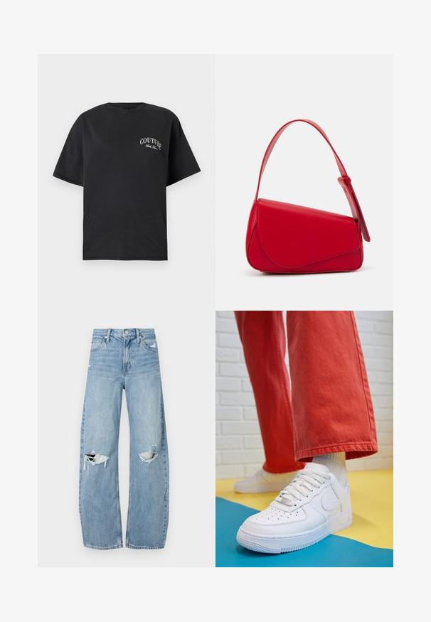 Fekete pamut póló rövid ujjakkal, fehér "COUTURE" logóval a mellkas bal oldalán. Kereknyakú fazon.; Világoskék, magas derekú farmernadrág. Széles lábakkal, két szakadt térddel és klasszikus öt zsebes dizájnnal rendelkezik.; Fehér bőr edzőcipő perforált orral, texturált talppal és fehér fűzővel, széles vörös nadrággal párosítva, kék és sárga háttérrel.; Piros bőr kézitáska szögletes, geometrikus kialakítással. Egy állítható pánttal és varrott részletekkel ellátott fedélzárral rendelkezik.