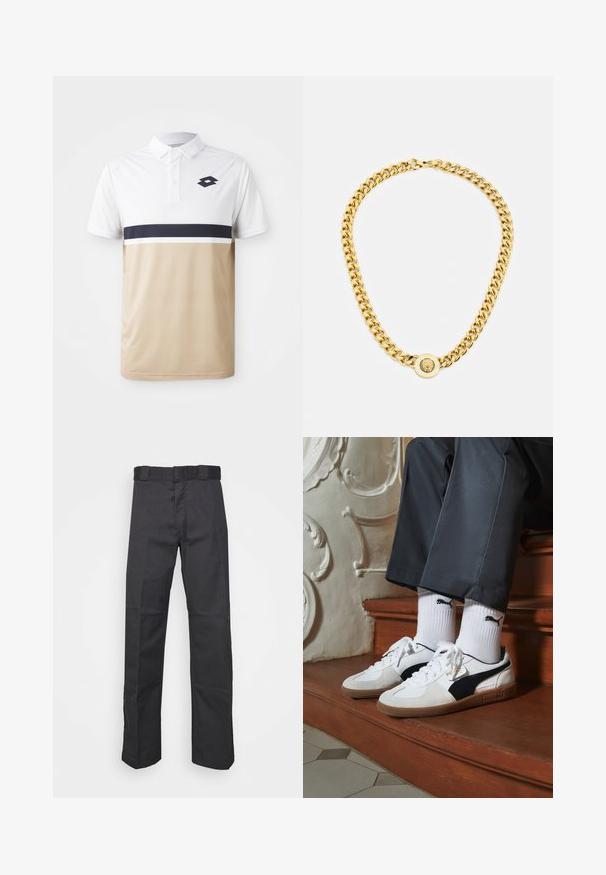 Polo majica z belim zgornjim delom, bež spodnjim delom in mornarsko modro vodoravno črto. Ima ovratnik na gumb in logo na prsih. Teksturovana tkanina.; Črne hlače iz trpežnega blaga, z ravnim krojem, pasom z zankami za pas in šivi za dodano teksturo.; Puma superge v beli in črni usnjeni izvedbi, sročene s rjavim gumijastim podplatom. Usklajene z belimi nogavicami z črnim logotipom, nosijo se s temnimi hlačami.; Zlata verižica z velikimi medsebojnimi povezavami, ki ima v središču krožni obesek z izbočenim grbom.