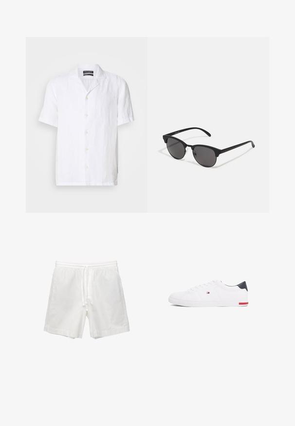 Biela kratkosrstá košeľa na gombíky z ľahkého ľanu, so spôsobom zapínania na golier a siedmimi gombíkmi vpredu, s uvoľneným strihom.; Biele bavlnené šortky s elastickým pásom a šnúrkou, bočnými vreckami a rovným strihom so zaoblenými okrajmi.; Biele nízkoprevádzkové tenisky vyrobené z hladkej kože. Majú námornícke zadočnú časť a červený akcent na podrážke. Šesť dierok na šnúrky.; Čierne slnečné okuliare s okrúhlymi šošovkami, matným povrchom a charakteristickým tvarom mačacích očí. Úzke ramená s nenápadným brandingom na ľvom chráničku.