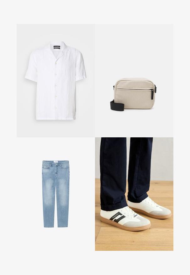 Camicia bianca a maniche corte con bottoni in lino leggero, dotata di colletto e sette bottoni sul davanti, con una vestibilità morbida.; Jeans dritti azzurri chiaro realizzati in denim. Presentano un design a cinque tasche, aree sbiadite e un'etichetta in vita. Senza decorazioni.; Sneakers bianchi e grigi con strisce nere, realizzati in pelle, dotati di suola in gomma e lacci piatti. Indossati con pantaloni blu navy su un pavimento in legno.; Borsa a tracolla in corduroy color crema con cerniera nera, tracolla rimovibile e motivo testurizzato. Presenta un compartimento principale e una tasca anteriore.; Collana a più strati con catene metalliche argento e perle nelle tonalità bianco e marrone, che mettono in mostra texture e forme diverse.