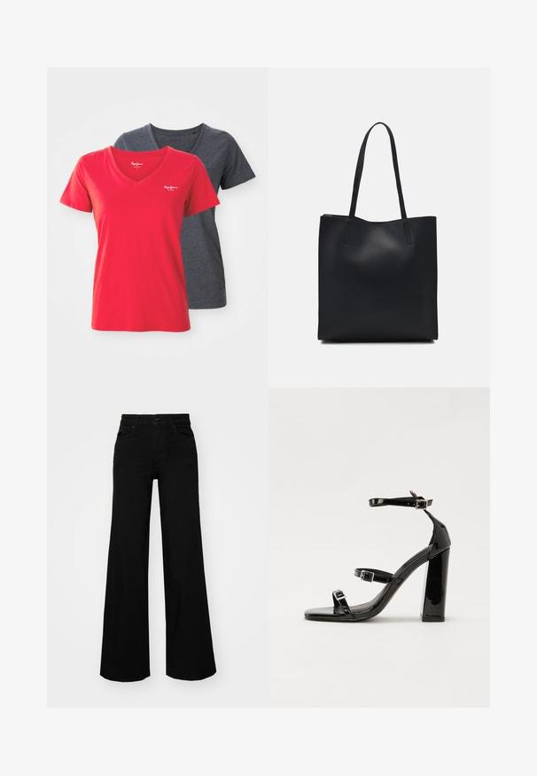 Du t-shirtai su V-formos iškirpte: vienas ryškiai raudonas, kitas tamsiai pilkas. Pagaminti iš minkštos medvilnės, su trumpomis rankovėmis ir prigludusia forma.; Juodos plačios kelnės iš denimo, turinčios struktūruotą juosmenį, diržo kilpas ir priekines kišenes. Lygus paviršius su klasikinio dizaino elementais.; Juoda blizgi lakuota basutė su kvadratiniu pirštu, kulkšnies dirželiais ir sidabro sagtimis. Yra tvirta blokinė kulno konstrukcija, užtikrinanti stabilumą.; Juodas odinis tote krepšys su lygia tekstūra, stačiakampio formos ir dviem ilgais rankenomis. Matomų metalinių detalių ar puošybos nėra.