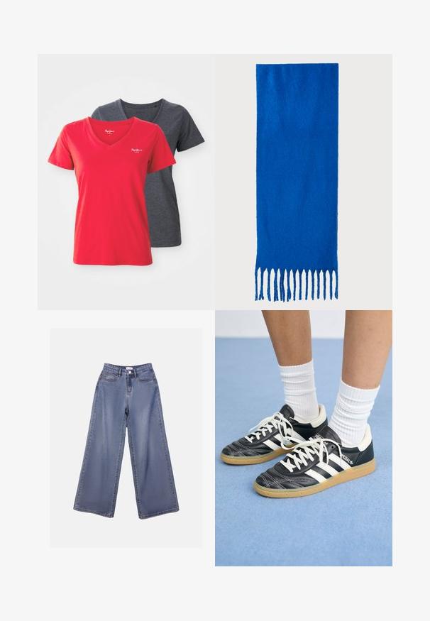 Duas t-shirts de decote em v: uma em vermelho brilhante, a outra em cinza escuro. Feitas de algodão suave, com mangas curtas e um design ajustado.; Calças de ganga de perna larga numa lavagem azul clara, com uma cintura alta, bolsos frontais e fecho de botão com passadores para cinto.; Sapatilhas de couro preto com riscas brancas, biqueira redonda, atacadores brancos e sola de borracha de goma. Destacadas pelo colarinho acolchoado e detalhes de marca.; Cachecol azul com franjas, feito de tecido macio; apresenta uma cor sólida com uma superfície texturizada e franjas cortadas de forma uniforme na parte inferior.