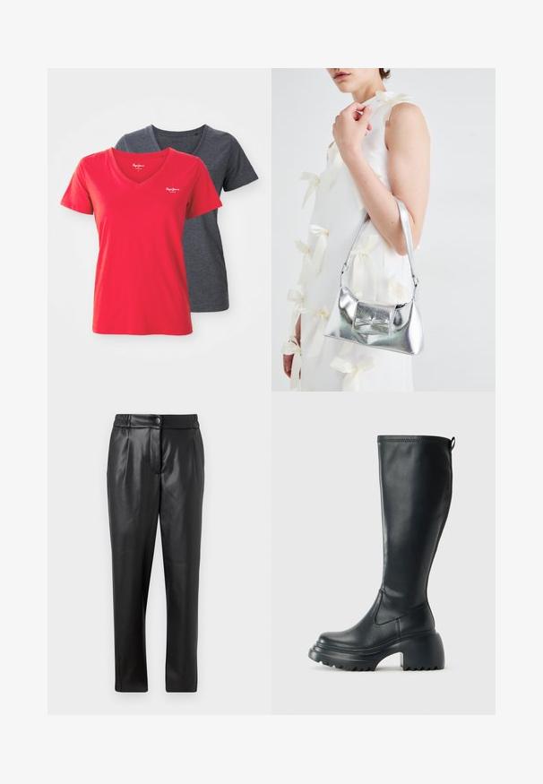 Divi V-veida t-krekli: viens spilgti sarkanā krāsā, otrs tumši pelēkā krāsā. Izgatavoti no mīksta kokvilnas ar īsām piedurknēm un piegulošu dizainu.; Melni ādas bikses ar gludu tekstūru, taisnu piegriezumu, elastīgu jostasvietu un priekšējo pogu aizdari; ar krokām un sašaurinātām kājām.; Augstas melnas ādas zābakus ar masīvu platformu un bloka papēdi, ar vilkšanas cilpu un strukturētu profilu uz ārējā zoles.; Sudraba metāla rokassoma ar struktūru formu, aprīkota ar augšējo rokturi un priekšpusē esošu loku. Gluda tekstūra, atstarojoša virsma.