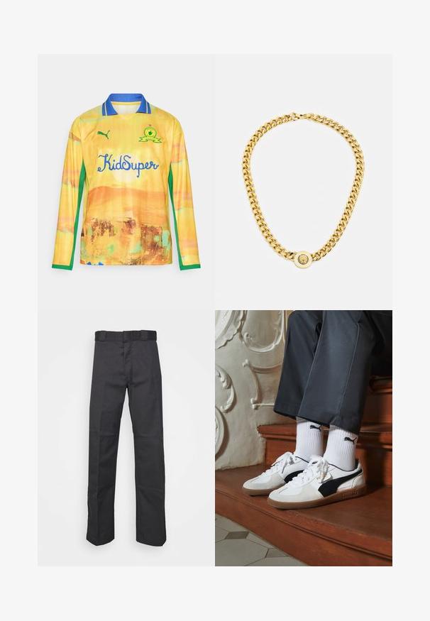 Jersey de manga longa amarelo com pormenores verdes. Apresenta um design abstrato texturizado e colarinho azul. Exibe o logótipo "KidSuper" em destaque.; Calças pretas feitas de um tecido resistente, com um design de perna reta, uma cintura com passantes para cinto e costuras para adicionar textura.; Ténis Puma em camurça branca e preta, com uma sola de borracha castanha. Combinados com meias brancas exibindo um logótipo preto, usados com calças escuras.; Colar de corrente de ouro com grandes elos interligados, apresentando um detalhe em forma de pêndulo circular no centro com um emblema saliente.