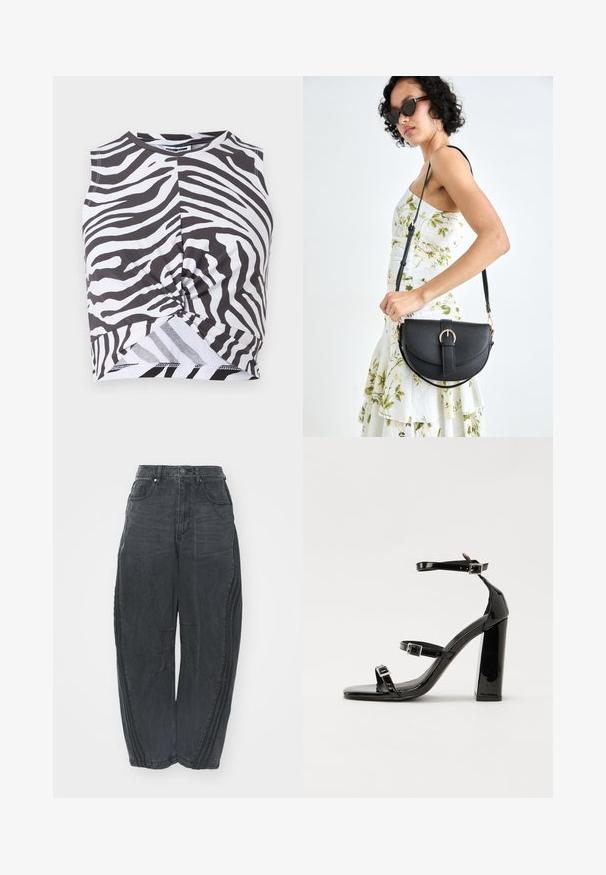 Czarnobiały top na ramiączkach o kroju lekko przylegającym, wykonany z miękkiego materiału, z efektem skręcenia w talii i okrągłym dekoltem.; Luźne czarne dżinsy z wyblakłym wykończeniem, pięć kieszeni, zapięcie na guzik w pasie oraz szwy na przodzie i bokach.; Czarne lakierowane sandały na wysokim obcasie, z dwoma paskami zapinanymi na klamry, kwadratowy nosek i masywny obcas typu słupek, o gładkiej, błyszczącej fakturze.; Czarna skórzana torebka o zakrzywionym kształcie, z odpinanym paskiem i złotymi akcentami. Torebka posiada klapę z zapięciem w kształcie klamry.