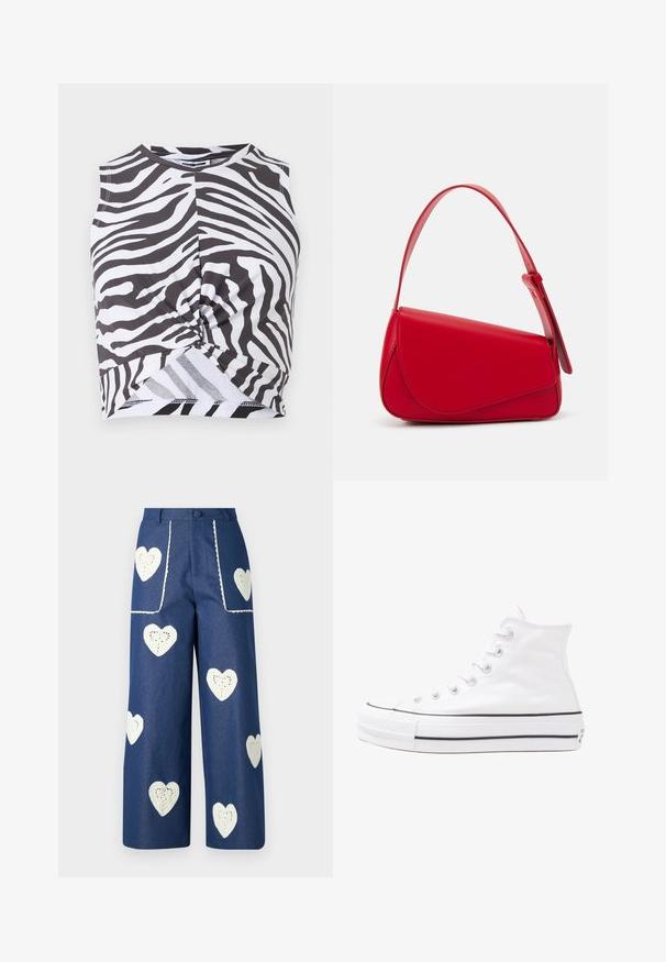 Csíkos, rövidített tank top, puha anyagból, derékon csavarás részlet található és kerek nyakkivágás. Monokróm színösszeállítás.; Sister Jane HEART TO HEART - Egyenes szárú farmer - blue denim; Fehér magaskorsó vászon sportcipő fekete gumi talppal, elülső gumi orrnyereggel és hat fűzőlyukkal, letisztult, minimalista dizájnnal.; Piros bőr kézitáska szögletes, geometrikus kialakítással. Egy állítható pánttal és varrott részletekkel ellátott fedélzárral rendelkezik.