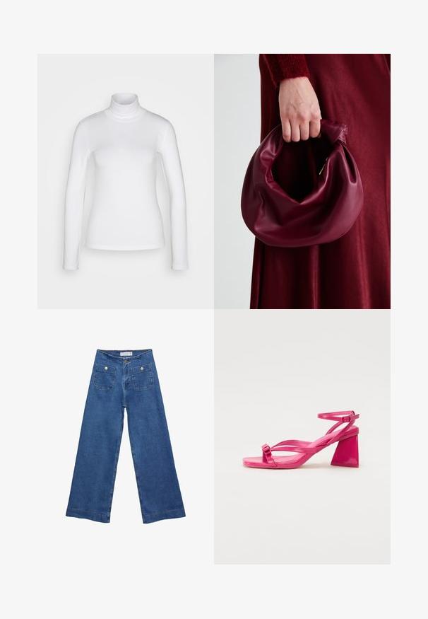Vit långärmad polotröja tillverkad av ett smidigt, stretchigt material. Har en åtsittande passform och en hög krage. Inga synliga mönster eller detaljer.; Jeans med vida ben i denim med en mellanblå tvätt, två framfickor med knäppningar och sydda detaljer längs fållarna.; Rosa lackläderklackar med fyrkantig tå, smala remmar och en geometrisk blockklack. Har en spänndetalj på remmen.; Burgundy läderhandväska med en mjuk, samlad design och rundad form. Handtaget är säkrat och visar en slät yta.