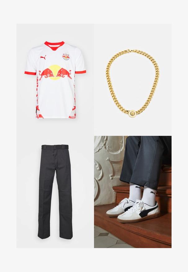 Valkoinen jalkapallopaita punaisilla yksityiskohdilla, jossa on pyöreä kaulus, Red Bull -logo ja sivupatternit. Valmistettu kevyestä kankaasta.; Mustat pantsit kestävästä kankaasta, suoran lahkeen muotoilu, vyötärönauha, jossa on vyölenkit, ja saumat lisätekstuuria varten.; Puma-tenniset valkoisesta ja mustasta mokasta, joissa on ruskea kumipohja. Yhdistetty valkoisten sukkien kanssa, joissa on musta logo, tummien housujen kanssa.; Kultaketju, jossa on suuret toisiinsa kytkeytyvät lenkit, keskellä on pyöreä pendantin yksityiskohta, jossa on kohotettu emblem.