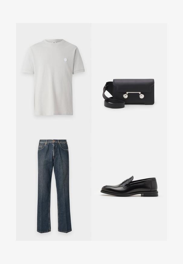 T-shirt in cotone grigio chiaro con maniche corte, scollatura tonda e un piccolo logo esagonale bianco sul lato sinistro superiore. Tessuto liscio.; Jeans in denim blu scuro a gamba dritta con bottone frontale, zip, doppie tasche anteriori e pieghe verticali visibili lungo le gambe.; Mocassini neri in pelle con una texture liscia, punta arrotondata e una striscia decorativa sulla tomaia. Tacco basso impilato, design minimalista.; Borsa a tracolla in pelle nera con chiusura a patta, hardware in tonalità argento e due accenti tondi. Dotata di una tracolla removibile. Texture liscia.