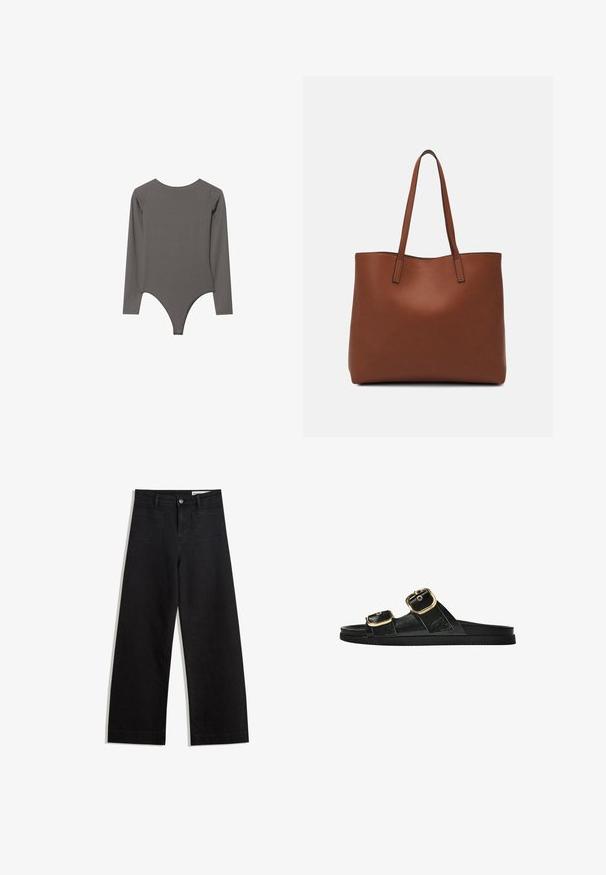 Stradivarius OPEN BACK - Longsleeve - dark grey; Zwarte denim broek met wijde pijpen en een hoge taille, voorzien van voor- en achterzakken, gestikte naden en een knoopsluiting. Gladde textuur.; Zwarte slipper met twee gouden gesps, gladde textuur, platte zool en een minimalistisch ontwerp.; Bruine leren tote bag met een gladde textuur, een ontwerp met een open bovenkant en twee schouderbanden. Kenmerkt zich door minimale stiksels en geen zichtbare hardware.