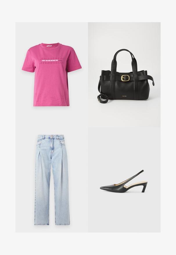 Tricou din bumbac roz cu mâneci scurte, având text în relief "APRINDE FOCUL DIN TINE" și un model repetitiv cu cuvântul "CONȘTIENTIZARE".; Jeans din denim albastru deschis cu talie înaltă, croială evazată, două buzunare laterale și un design pliat. Textură moale cu un finisaj decolorat.; Pantof cu toc mic, cu vârf ascuțit și slingback, realizat din piele netedă, având un design decupat pe lateral pentru respirabilitate.; Geantă de mână din piele neagră, cu un design structurat, mânere superioare duale, accent cu cataramă aurie și logo-ul brandului embosat în față.