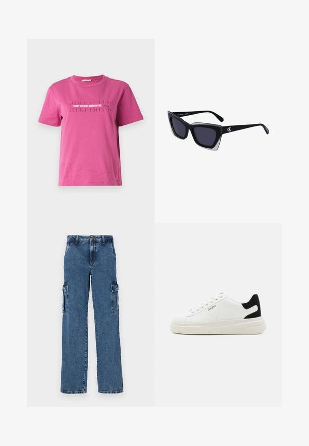 Rózsaszín pamut póló rövid ujjakkal, kiemelkedő felirattal: "GYÚJTSD BE A TŰZET MAGADBAN" és ismétlődő "TUDATOSSÁG" mintával.; Kék farmer cargo nadrág laza szabással, két oldalsó zsebbel, megerősített varrással és egyenes lábbal.; Fehér bőr sportcipők vastag fehér talppal, fekete velúr sarokpikkelyel és dombornyomott logóval az oldalon. Fűzős kialakítás, hat fűzőlyukkal.; Fekete, nagyméretű napszemüveg geometrikus formával, sötét lencsékkel és kontrasztos szürke részlettel a kereten. Logó a szárán.