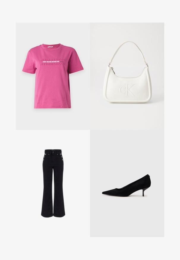 Różowa koszulka z bawełny z krótkim rękawem, z wypukłym napisem "ROZPAL OGIEŃ W SOBIE" oraz powtarzającym się wzorem "ŚWIADOMOŚĆ".; Czarne dżinsy w fasonie dzwonów wykonane z mieszanki bawełny, z wysokim stanem, guzikami po bokach oraz gładką teksturą. Klasyczna sylwetka i uniwersalny design.; Czarny zamszowy but na wysokim obcasie z wydłużonym noskiem i smukłym, niskim obcasem. Gładka tekstura z eleganckim wzornictwem, bez widocznych elementów metalowych.; Biała skórzana torebka o zaokrąglonym kształcie, z wytłoczonym logo "CK" z przodu i pojedynczym paskiem na ramię. Zapięcie na zamek z góry.