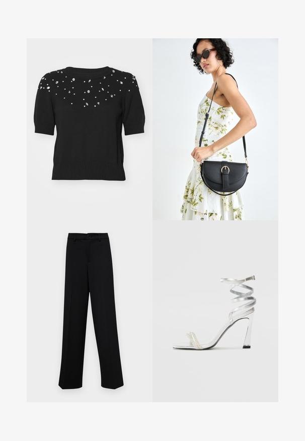 Black sweater with short sleeves, featuring scattered silver rhinestones on the chest and upper sleeves. Ribbed neckline and hem.; Black wide-leg trousers made of smooth fabric, featuring a classic waistband with a button closure and front pleats.; Silver high-heeled sandal with a shiny strap design, featuring a pearl-like accent and a spiraled ankle strap for secure fit.; Black leather handbag with a curved shape, detachable strap, and gold hardware. The bag features a flap with a buckle detail.