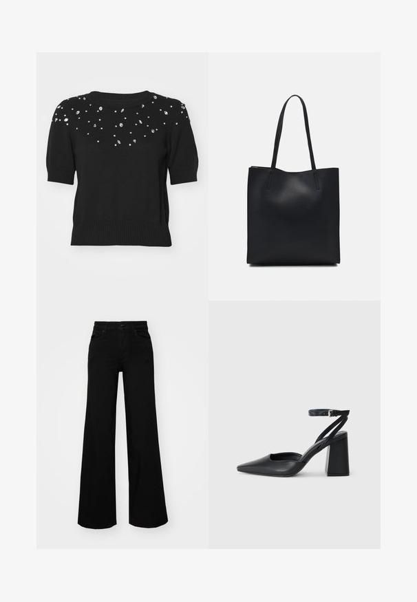 Sweater preto de mangas curtas, com pedras brilhantes prateadas espalhadas no peito e nas mangas superiores. Gola e bainha caneladas.; Calças largas pretas em denim, com uma cintura estruturada, passantes para cinto e bolsos frontais. Textura suave com um design clássico.; Sandal com biqueira afilada em couro preto, com cinta no tornozelo e salto grosso. Textura lisa, design elegante e estética minimalista.; Bolsa tote preta em couro com textura lisa, forma retangular e duas alças longas. Sem hardware ou enfeites visíveis.