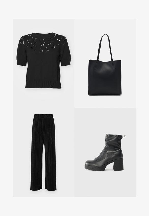 Schwarzer Pullover mit kurzen Ärmeln, der mit verstreuten silbernen Strasssteinen auf der Brust und oberhalb der Ärmel verziert ist. Gerippter Halsausschnitt und Saum.; Schwarze plissierte Hose mit elastischem Bund. Verfügt über weite Hosenbeine und einen glatten, strukturierten Stoff mit vertikalen Streifen.; Schwarze Stiefeletten aus glattem Leder mit seitlichem Reißverschluss, klobigem strukturiertem Absatz und runder Zehenform.; Schwarze Laptoptasche aus Leder mit glatter Textur, rechteckiger Form und zwei langen Griffen. Keine sichtbaren Beschläge oder Verzierungen.