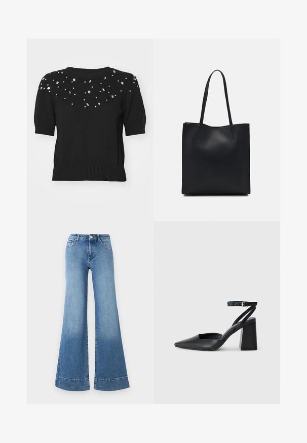 Schwarzer Pullover mit kurzen Ärmeln, der mit verstreuten silbernen Strasssteinen auf der Brust und oberhalb der Ärmel verziert ist. Gerippter Halsausschnitt und Saum.; Helle blaue Denim-Jeans mit weitem Bein, hoher Taille und leichter Ausbleichung. Verfügt über klassisches Fünf-Taschen-Design und Metallknopfverschluss.; Schwarze Leder-Pumps mit spitzer Zehe, einem Knöchelriemen und einem blockigen Absatz. Flache Textur, elegantes Design und minimalistische Ästhetik.; Schwarze Laptoptasche aus Leder mit glatter Textur, rechteckiger Form und zwei langen Griffen. Keine sichtbaren Beschläge oder Verzierungen.
