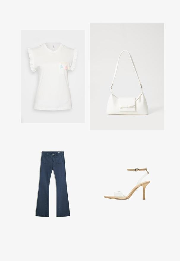 Tricou alb din bumbac cu mâneci scurte și volănașe, având o buzunar frontal decorat cu dantelă și trei ciucuri colorați: roz, albastru și alb.; Jeans din denim de un albastru închis, cu o croială evazată, buzunare cusute, închidere cu nasture și o textură netedă. Are un design clasic cu cinci buzunare.; Sandalie cu toc transparent, cu un brad transparent, talpă bej și o curea subțire pentru glezna. Au vârf ascuțit și un toc subțire înalt.; Geantă sintetică albă, cu formă triangulară, capac frontal plat și detaliu cu fundă, curea ajustabilă, textură netedă și design minimalist.