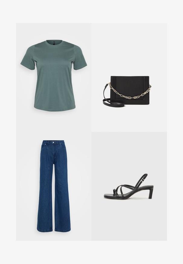 Kortærmet t-shirt i afdæmpet grøn, rund halsudskæring, lavet af blød bomuldsblanding, med en glat tekstur og løs pasform.; Bredbenede blå denimjeans med høj talje, frontknap og lynlås lukning, samt for- og baglommer på en ensfarvet baggrund.; Sort remsandale med firkantet tå og en lav blokeret hæl. Har flere tynde stropper og en justerbar ankelrem. Fremstillet af glat læder.; Sort læder crossbody taske med en glat tekstur, rektangulær form og en metallisk kæde detalje foran. Justerbar skulderrem inkluderet.