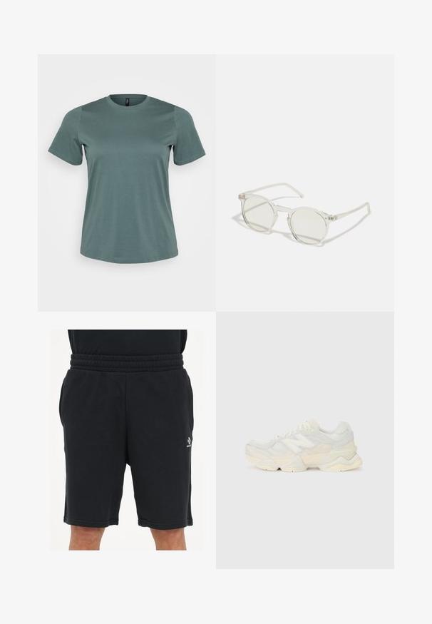 Kortærmet t-shirt i afdæmpet grøn, rund halsudskæring, lavet af blød bomuldsblanding, med en glat tekstur og løs pasform.; Blå shorts lavet af blødt stof, med elastisk talje, sidelommer og et lille logo på underbenet.; Letvægtssneakers med en overdel i mesh og ruskind i bløde cremetoner, med en kraftig sål og tredimensionelle accenter.; Runde solbriller med en transparent stel, lysegrønne linser og tynde, klare stænger. Har subtile hardware-detaljer på stellet.