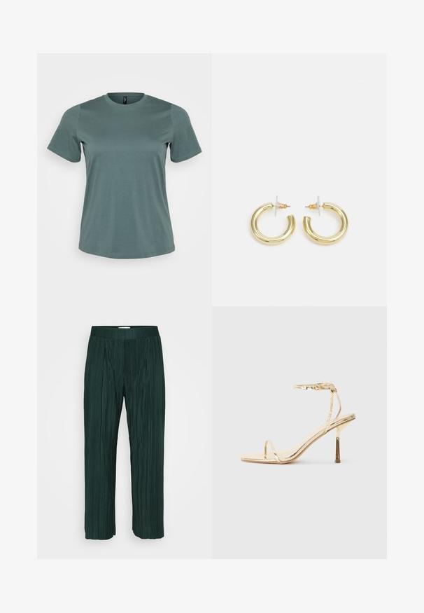 Short-sleeve t-shirt in muted green, round neckline, made of soft cotton blend, featuring a smooth texture and relaxed fit.; Dark green pleated wide-leg pants with an elastic waistband, displayed against a plain white background.; Gold metallic high-heeled sandal featuring a square toe, thin ankle strap, and a sleek, minimalist design with a shiny finish.; Gold hoop earrings with a smooth, shiny finish. Circular design featuring a small post and clear backing for secure wear.
