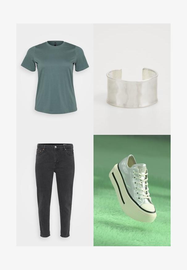 Lühikese varrukaga T-särk heleda rohelise tooniga, ümmargune kaelus, valmistatud pehmest puuvillasegistusest, millel on sile tekstuur ja lõtv istuvus.; Kitsas mustad teksad, millel on ees nupp ja tõmblukk, vöökohad ja viis taskut, kujutatud ühetoonilise heleda tausta ees.; Metallic hõbedane toss, millel on platvormi põhi, valged nöörid ja mustad aktsendid. Omab ümardatud varbaosa ja tekstureeritud kummist välispinda.; Zign Käevõru - silver-coloured