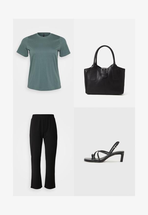 Tricou cu mânecă scurtă de culoare verde desaturată, cu decolteu rotund, realizat dintr-un amestec de bumbac moale, având o textură netedă și o croială lejeră.; ONLY Carmakoma CARLAMA STRAIGHT - Pantaloni - black; Sandal cu barete negre, cu vârf pătrat și toc mic de bloc. Prezintă mai multe barete subțiri și o bareta ajustabilă la gleznă. Fabricat din piele netedă.; Geantă tote din piele neagră cu textură netedă, formă structurată, două mânere și un detaliu proeminent din aliaj de argint pe partea din față.