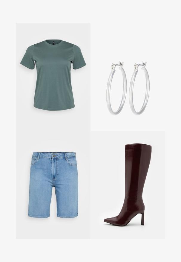 T-maica s kratkimi rokavi v umirjeni zeleni barvi, okrogla izrezana ovratnika, izdelana iz mehkega bombažnega blaga, z gladko teksturo in sproščenim krojem.; Svijetloplave traper šorts hlače klasičnog kroja, s prednjim zatvaranjem na dugme, petljama za remen i dva bočna džepa. Glatka tekstura i ravni rub.; Even&Odd Škornji - dark red; Srebrni obroči za ušesa z gladko, polirano površino. Okrogla oblika in varna zaponka s klikom. Lahka zasnova, primerna za vsakodnevno nošenje.