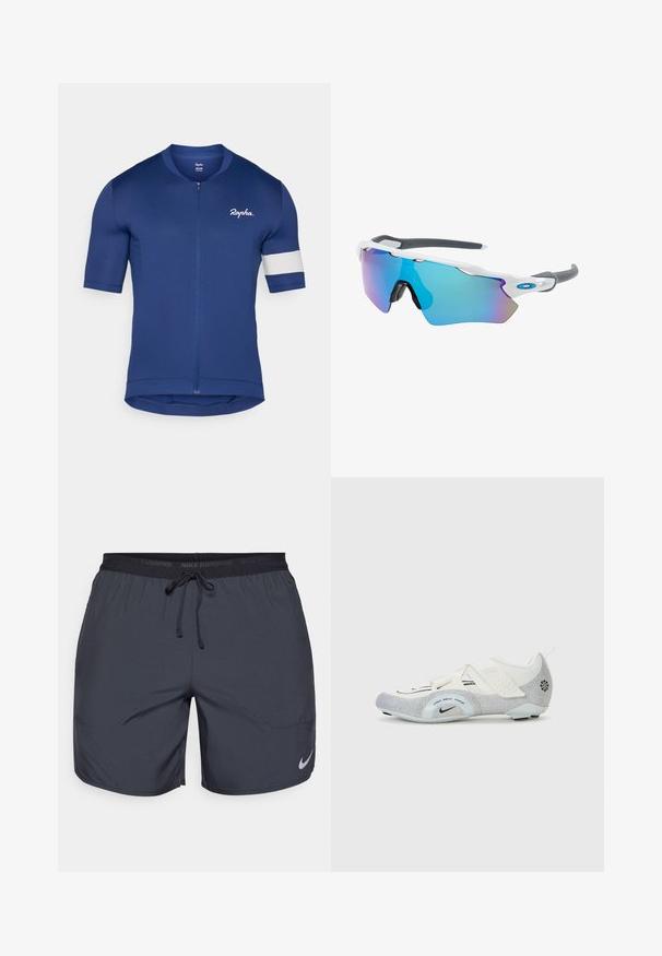Maillot de cyclisme à manches courtes en bleu foncé, avec une fermeture éclair et un accent de rayure blanche. Fabriqué en tissu texturé et respirant avec un design ajusté.; Shorts de course Nike en gris foncé, avec une taille élastique dotée d'un cordon de serrage et un accent de logo argenté sur la jambe inférieure droite.; Chaussures de cyclisme blanches et argentées avec une tige en mesh, des accents texturés, des sangles ajustables et une semelle en caoutchouc pour l'adhérence et la stabilité.; Lunettes de soleil avec une monture blanche, des accents gris et des verres miroitants bleus. Design sportif, forme enveloppante et plaquettes de nez réglables.
