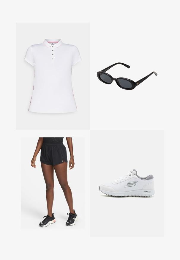 Vitt polo-shirt med korta ärmar, med en rosa krage och sidodetaljer, femknäpps placket och mjuk tygkvalitet.; Svarta sportshorts med resårlinning och sidospjälor, tillverkade av lätt material, kombinerade med svarta löparskor med en vit swoosh.; Vita idrottsskor med en strukturerad mesh-ovandel, silverdetaljer och en lätt sula med små greppknoppar, märkta "ULTRA FLIGHT."; Svarta överdimensionerade solglasögon med ovala linser, slät plastbåge och guldaccent på bågarna. Mörka linser ger solskydd.
