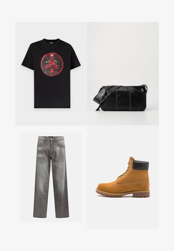 Camiseta de algodón negra con un diseño gráfico de un personaje enmascarado en rojo y negro, centrado dentro de un acento circular rojo.; Vaqueros de mezclilla gris con un corte holgado, que presentan detalles de desgaste y decoloración, un clásico diseño de cinco bolsillos y un cierre de botón.; Botín de ante marrón claro con collar acolchado negro, ojales de metal dorado, detalles de costura blanca y suela de goma resistente con tacos pronunciados.; Bolso de hombro de cuero negro con cierre de cremallera, que presenta un cuerpo texturizado, costuras blancas y una correa con ojales plateados.