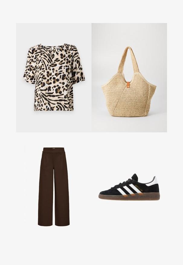 Kratka majica s kratkimi rokavi v svetlo bež barvi z črnim in rjavim živalskim vzorcem. Ima kvadratni izrez in sproščen kroj. Lahka tekstura.; Rjave široke hlače iz gladkega blaga, z visokim pasom in dvema sprednjima plisoma, zasnovane za ohlapno prileganje.; Črne Adidas superge z belimi črtami, zlatim napisom "Spezial", gumo podplatom in belim petnim delom, prikazane v stranskem pogledu.; Velika slamnata torba z zrnato bež zunanjostjo in dvema širokima ročajema. Ima kožno poudarjeno naramnico za zapiranje.