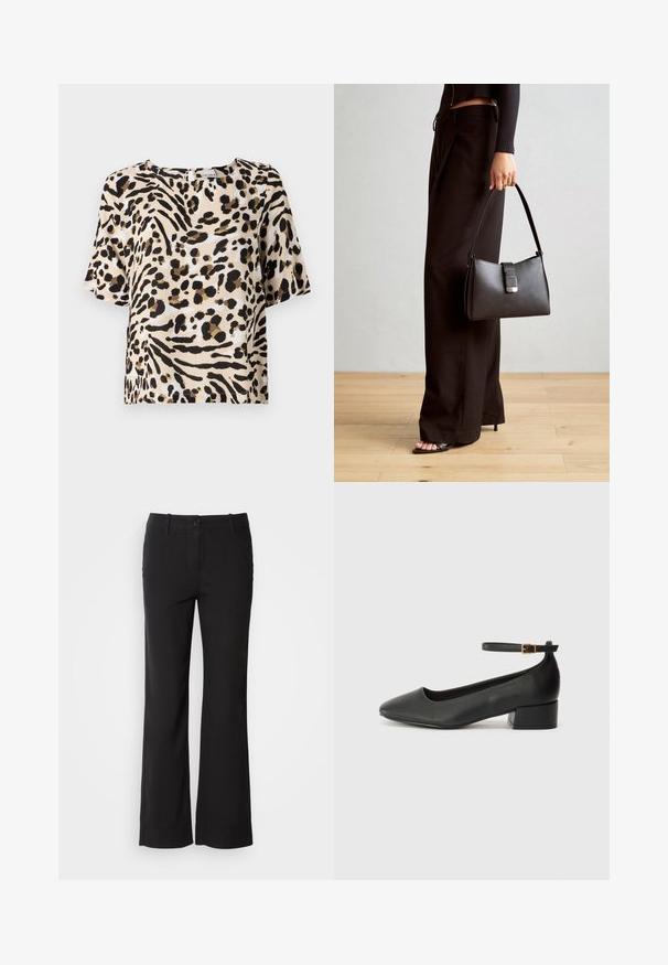 Korte mouwen blouse in licht beige met zwart en bruin dierenprint. Heeft een vierkante halslijn en een relaxte pasvorm. Lichte textuur.; Zwarte katoenmix broek met een rechte pijpdesign, sluiting met een knop aan de voorkant en twee zijzakken. Soepele textuur, geen zichtbare patronen.; Zwarte leren pump met een spitse neus en een lage blokhak. Beschikt over een enkelband met een goudkleurige gespsluiting. Gladde textuur.; Zwarte handtas met gestructureerde vorm, gladde textuur en een metalen sluiting. Gecombineerd met brede zwarte broeken en sandalen met open teen op een houten vloer.