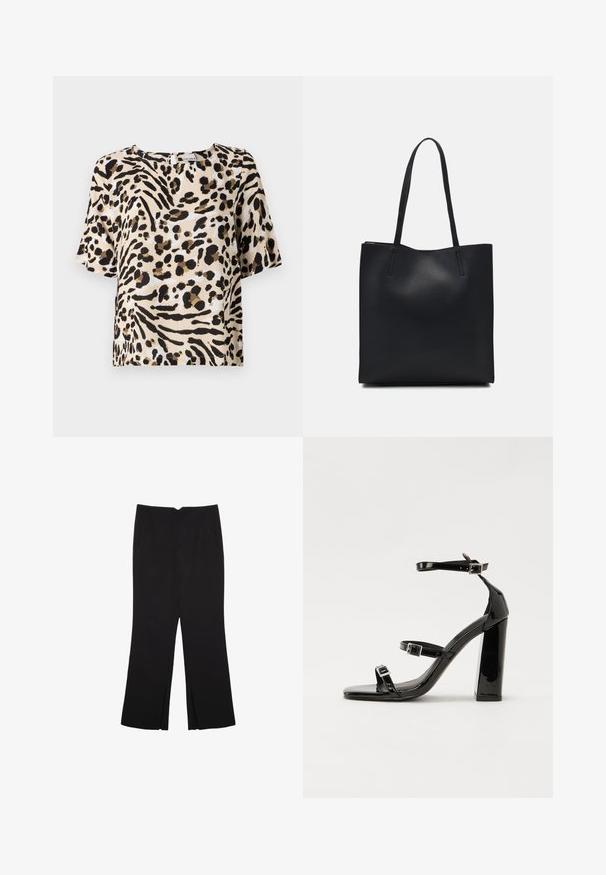 Blouse à manches courtes en beige clair avec imprimé animal noir et marron. Présente un col carré et une coupe décontractée. Texture légère.; Pantalon noir avec une coupe droite, doté de poches avant et d'éclairs sur l'ourlet. Fabriqué en tissu doux et lisse. Convient à diverses occasions.; Sandales à talons vernies noires avec un bout carré, des sangles autour de la cheville et des boucles en argent. Dotées d'un talon bloc épais pour plus de stabilité.; Sac fourre-tout en cuir noir avec une texture lisse, de forme rectangulaire et deux longues poignées. Pas de matériel ou d'ornementations visibles.
