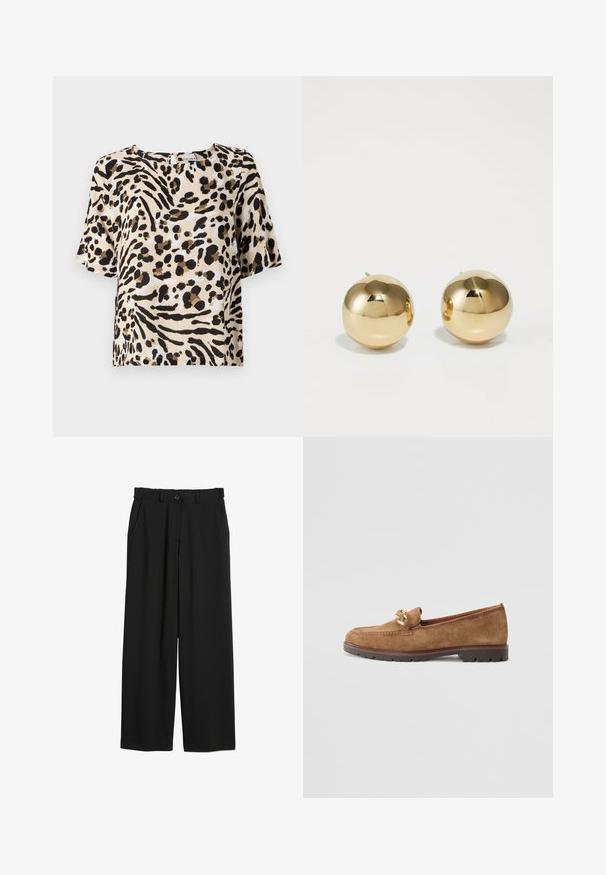 Kortärmad blus i ljusbeige med svart och brunt djurmönster. Har en fyrkantig halsringning och en avslappnad passform. Lättviktsmaterial.; Svarta byxor med vida ben gjorda av ett glatt tyg, med resår i midjan, framfickor och en knappknäppning i midjan.; Tamaris Slip-ins - camel; Guld runda studsörhängen med en polerad yta och liten post. Har en slät textur och reflekterande yta.
