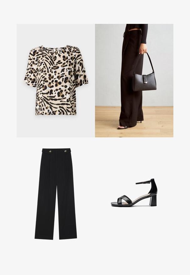 Kurzarmbluse in hellem Beige mit schwarzem und braunem Tierdruck. Sie hat einen quadratischen Ausschnitt und eine lockere Passform. Leichte Textur.; Schwarze weite Hosen mit hoher Taille, Knopfdetails am Bund und vorderen Falten.; Schwarze offene Sandale mit Absatz, gekreuzten Riemen, verstellbarem Knöchelriemen und einem klobigen Absatz, ausgestattet mit einer glatten Ledertextur.; Schwarze Handtasche mit strukturierter Form, glatter Textur und einem metallischen Verschluss. Kombiniert mit weiten schwarzen Hosen und offenen Sandalen auf einem Holzboden.