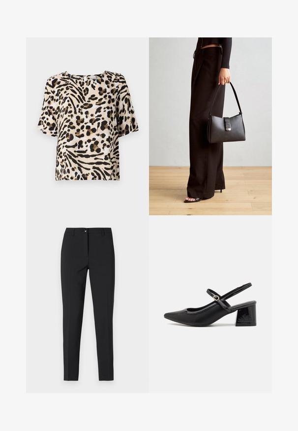 Blusa a maniche corte in beige chiaro con stampa animale nera e marrone. Presenta un collo a quadrato e una vestibilità rilassata. Tessuto leggero.; Pantaloni neri attillati in tessuto liscio, con una vita classica, zip frontale e tasche laterali, dal design elegante e sartoriale.; Décolleté in vernice nera con cinturino dietro, punta affusolata, design con ritagli arrotondati e tacco a blocco. Presenta un accento di fibbia tono oro.; Borsa nera con forma strutturata, texture liscia e una chiusura metallica. Abbinata a pantaloni neri larghi e sandali open-toe su un pavimento in legno.