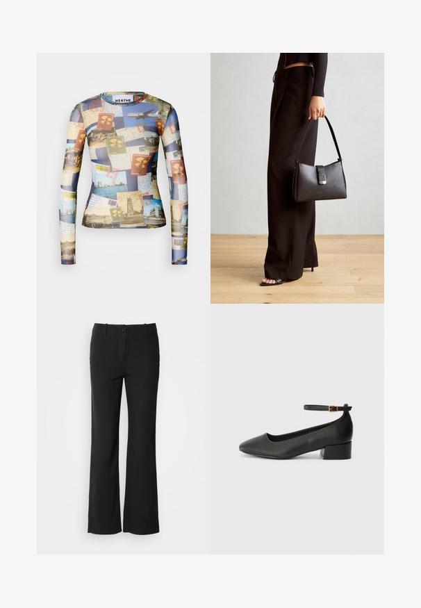 Majica dugih rukava, s kolažem vintage razglednica i maraka u plavim, bež i zelenim tonovima; glatka, lagana tkanina.; Crne hlače od pamučne mješavine ravnog kroja, s prednjim kopčanjem na gumb i dva bočna džepa. Glatka tekstura, bez vidljivih uzoraka.; Crne kožne pumpe s oštrim vrhom i niskom blok petom. Sadrže remen oko gležnja s zlatnim kopčanjem. Glatka tekstura.; Crna torba s oblikom koji sadrži strukturu, glađu teksturu i metalnu kopču. Uparena s širokim crnim hlačama i sandalama na otvorenom s drvenog poda.