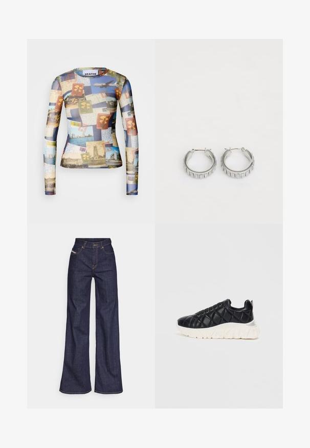 Chemise à manches longues, présentant un collage de cartes postales et de timbres vintage dans des tons de bleu, beige et vert ; tissu lisse et léger.; Jeans ample bleu foncé en denim avec taille haute, ornés de surpiqûres orange, d'un design à cinq poches et d'une fermeture à bouton.; Baskets noires matelassées avec une tige texturée, semelle chunky blanche et lacets noirs, présentant un accent de talon marqué et un col rembourré.; Boucles d'oreilles en argent en forme de créole avec un design texturé comportant des rayures verticales. Forme circulaire avec un fermoir à attache sécurisée. Fini lisse.