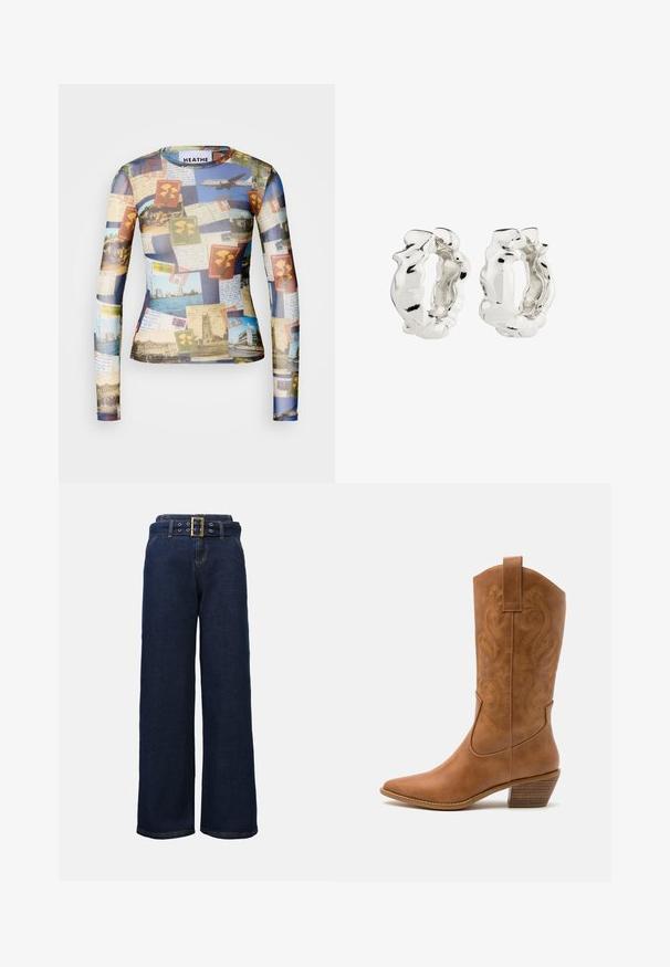 Långärmad skjorta med en collage av vintagepostkort och frimärken i blå, beige och gröna nyanser; mjukt, lätt material.; Mörkblå vida denimbyxor med sydda fickor och ett matchande bälte med en stor rektangulär guldbuckla.; Bruna lädercowboystövlar med spetsig tå, broderade virvelmönster på skaftet och en staplad blockklack. Har en dragflik för enkel påtagning.; Silverfärgade hoopörhängen med en texturerad, oregelbunden design. Ytan är reflekterande och visar upp kurvor och konturer. Inre utrymme är ihåligt.