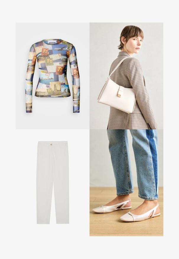 Hosszú ujjú ing, amely vintage képeslapok és bélyegek kollázsát mutatja be kék, bézs és zöld árnyalatokban; sima, könnyű anyag.; Fehér, testreszabott nadrág egyenes szárú szabással, gombos záródással, övcsatolókkal és oldalsó zsebekkel; sima textúrájú anyag.; Világos rózsaszín slingback laposlábú cipők, hegyes orral, sima bőrhatású anyagból készült. Oldalt kivágott részletek találhatók rajta, valamint lapos sarkú.; Fehér bőr táska strukturált dizájnnal, mágneses záródással és vállpánttal, semleges háttér előtt bemutatva.