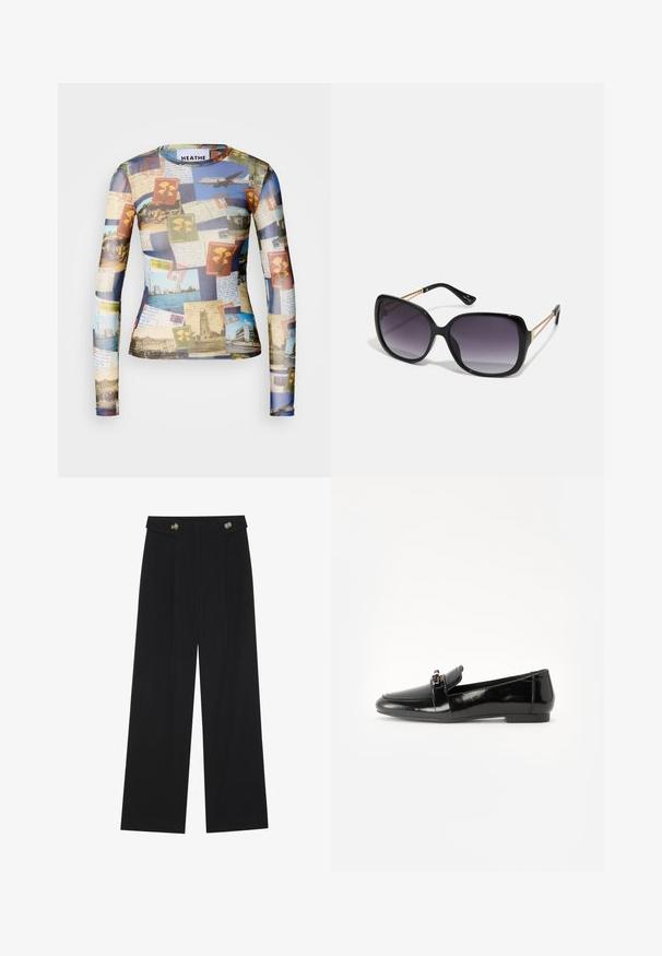 Chemise à manches longues, présentant un collage de cartes postales et de timbres vintage dans des tons de bleu, beige et vert ; tissu lisse et léger.; Pantalons larges noirs à taille haute, avec des détails de boutons à la taille et des plis sur le devant.; Loafer en cuir verni noir avec une semelle plate, un bout arrondi et une sangle décorative agrémentée d'un accent doré. Fini lisse et brillant.; Lunettes de soleil noires surdimensionnées avec des verres dégradés, monture épaisse et détails en chaîne dorée sur les branches.
